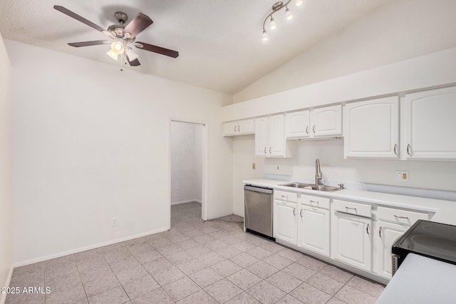 kitchen featuring white cabinets, vaulted ceiling, dishwasher, a sink, and ceiling fan
