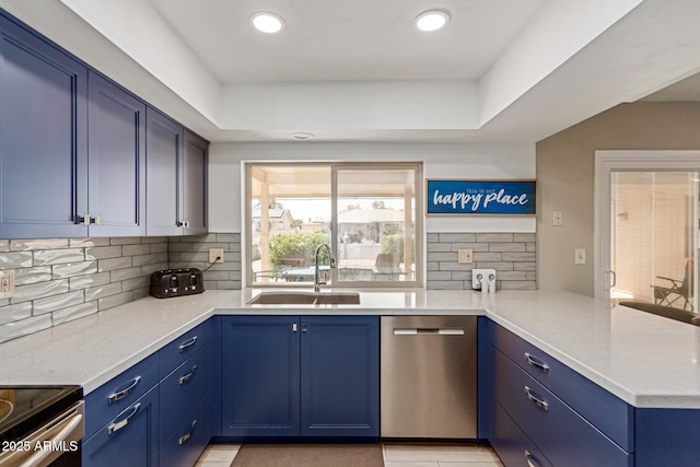 kitchen with stainless steel dishwasher, blue cabinets, kitchen peninsula, and sink