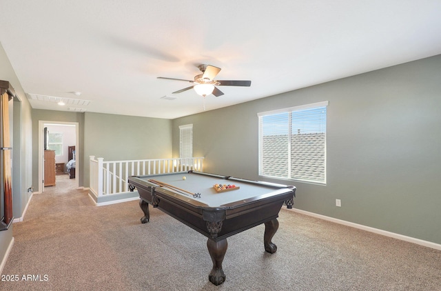 game room featuring ceiling fan and light carpet