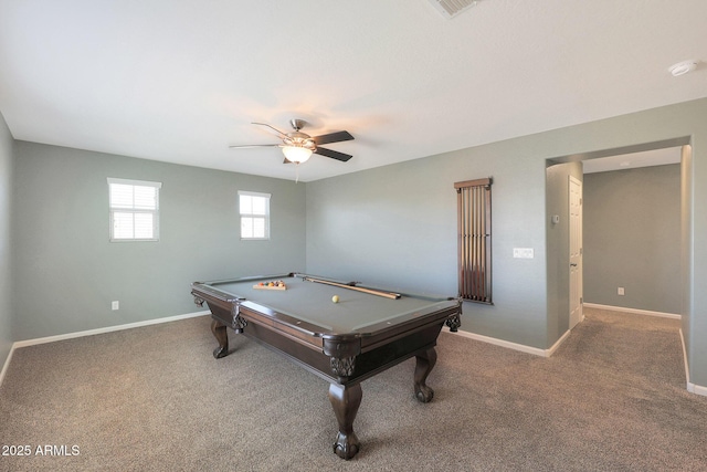 rec room featuring ceiling fan, billiards, and carpet floors