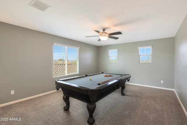 recreation room with ceiling fan, pool table, a healthy amount of sunlight, and carpet flooring