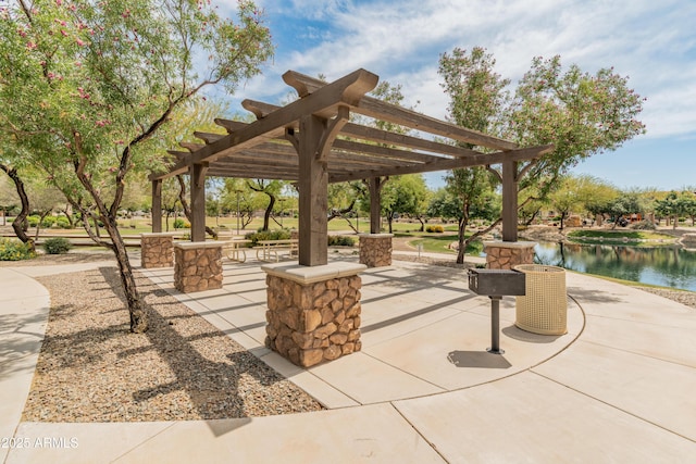 3501 E Apricot Ln, Gilbert, AZ 85298 - view of home's community with a pergola, a water view, and a patio area