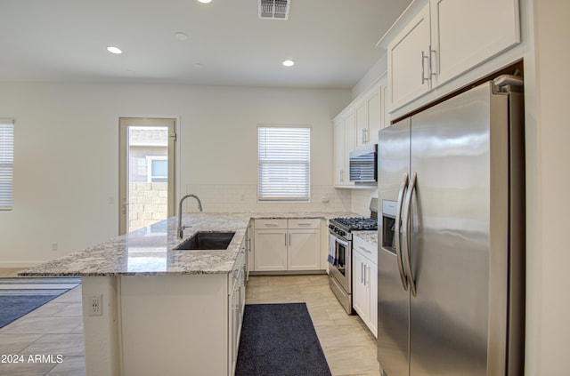 2228 E Isaiah Ave, Gilbert, AZ 85298 - kitchen featuring stainless steel appliances, a sink, a peninsula, white cabinetry, and tasteful backsplash