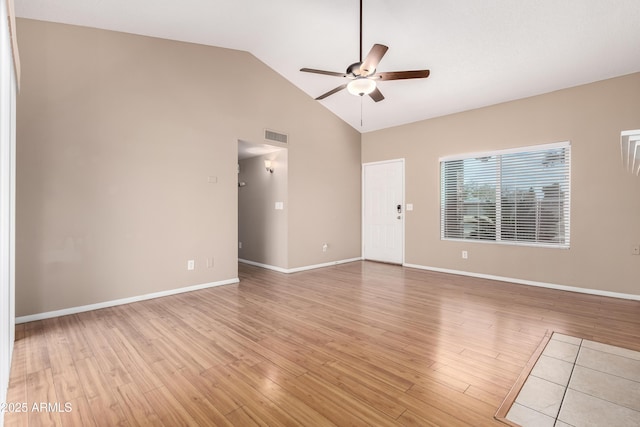 interior space with visible vents, light wood-style flooring, baseboards, and a ceiling fan