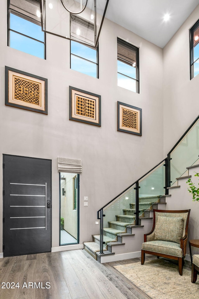 foyer entrance with hardwood / wood-style floors and a towering ceiling