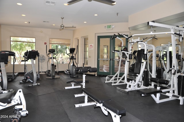 exercise room featuring ceiling fan