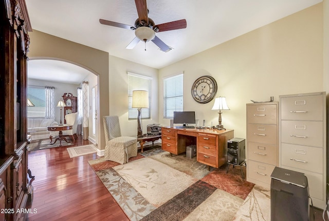 2726 S 160th Ave, Goodyear, AZ 85338 - office space featuring arched walkways, a ceiling fan, plenty of natural light, and hardwood / wood-style floors