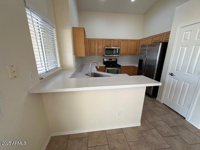 20275 N 81st Ln, Peoria, AZ 85382 - kitchen with appliances with stainless steel finishes, a sink, a peninsula, light countertops, and baseboards