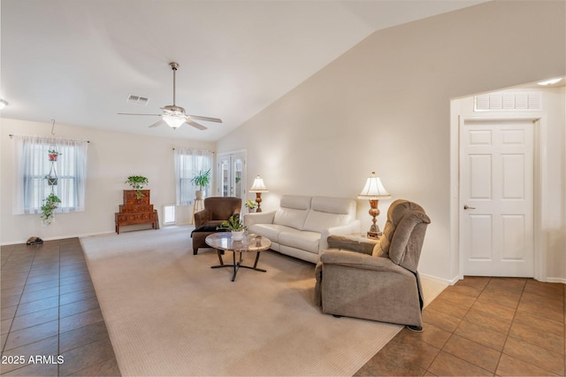 23677 N Desert Dr, Florence, AZ 85132 - tiled living area with ceiling fan and high vaulted ceiling