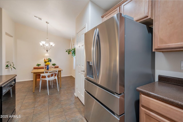23677 N Desert Dr, Florence, AZ 85132 - kitchen featuring stainless steel refrigerator with ice dispenser, black dishwasher, dark countertops, a chandelier, and decorative light fixtures