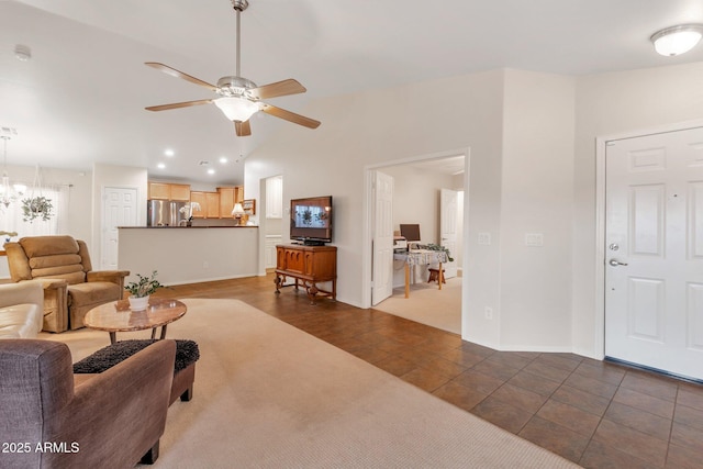 23677 N Desert Dr, Florence, AZ 85132 - living area featuring ceiling fan, lofted ceiling, and recessed lighting