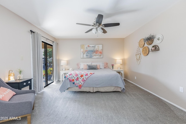 bedroom with access to outside, ceiling fan, and carpet flooring