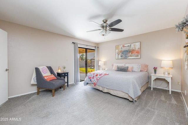 carpeted bedroom featuring access to outside and ceiling fan