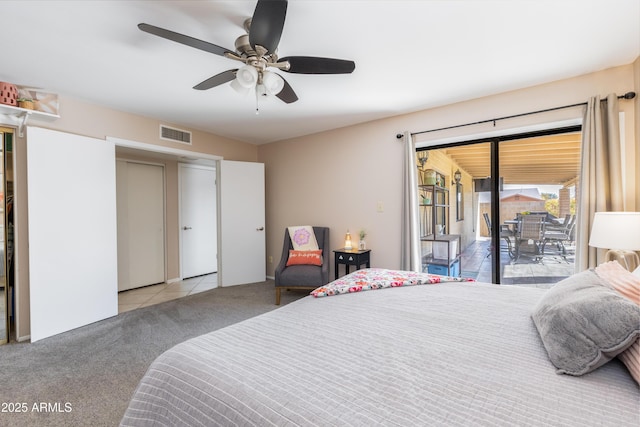 bedroom with light carpet, access to outside, and ceiling fan