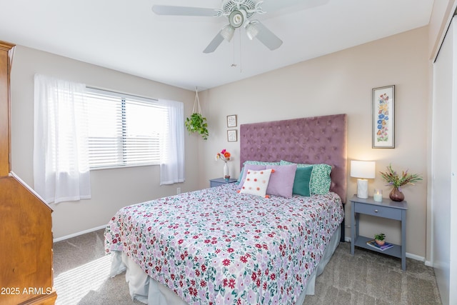 bedroom featuring carpet floors, a closet, and ceiling fan