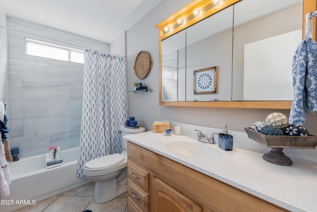 full bathroom featuring shower / tub combo, vanity, toilet, and tile patterned flooring