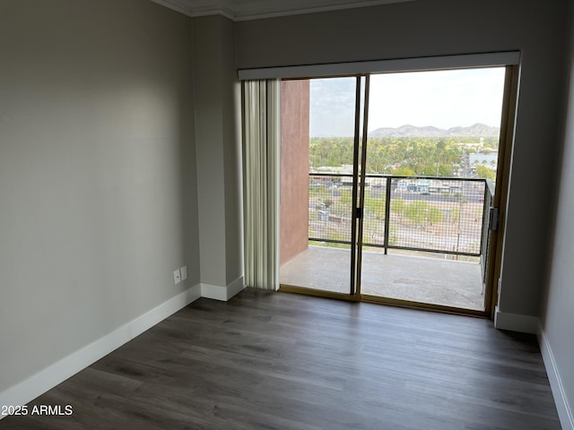 spare room featuring a mountain view, baseboards, dark wood-type flooring, and crown molding