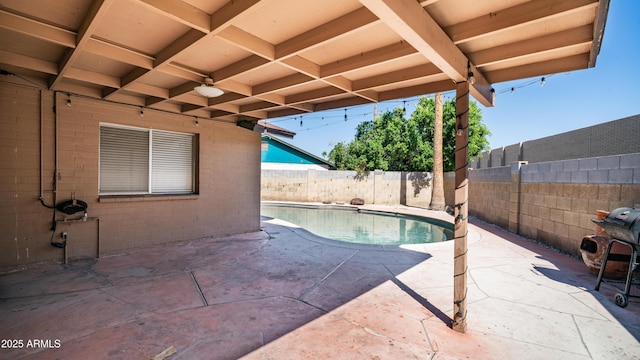 view of swimming pool featuring a fenced in pool, a fenced backyard, and a patio area