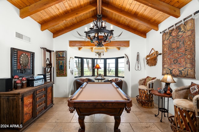 game room featuring wood ceiling, ceiling fan, billiards, high vaulted ceiling, and beam ceiling