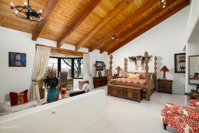 bedroom with wood ceiling, light carpet, beamed ceiling, a notable chandelier, and high vaulted ceiling