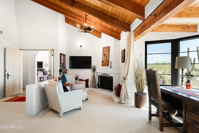 living room with beam ceiling, light colored carpet, wood ceiling, and an inviting chandelier