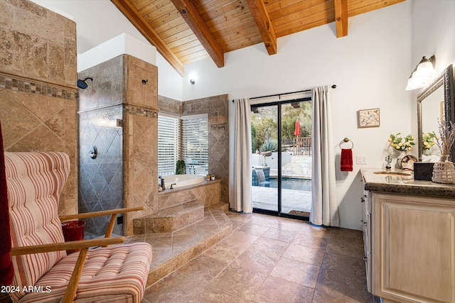 bathroom with vanity, beamed ceiling, independent shower and bath, high vaulted ceiling, and wooden ceiling