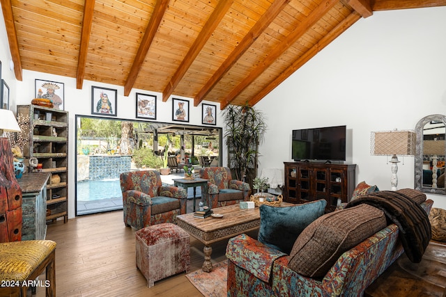 living room featuring high vaulted ceiling, wood-type flooring, beam ceiling, and wood ceiling