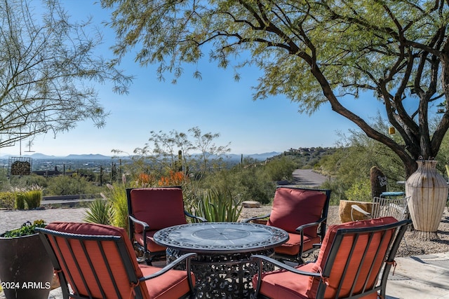 view of patio with a mountain view