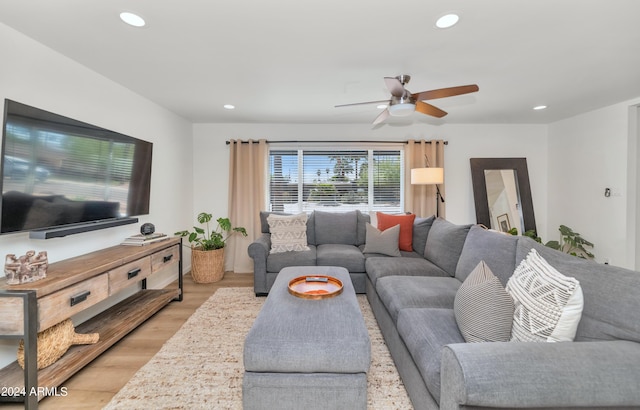 living room with ceiling fan and light hardwood / wood-style floors