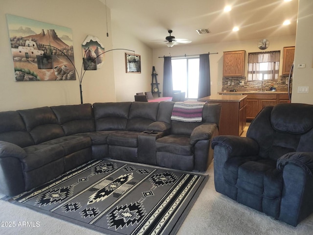 1769 E Jacob St, San Tan Valley, AZ 85140 - living room with carpet floors, a ceiling fan, and recessed lighting