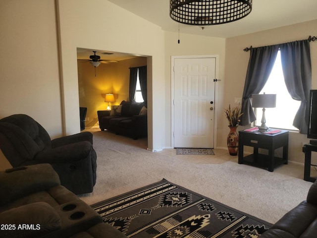 1769 E Jacob St, San Tan Valley, AZ 85140 - living area with carpet, a ceiling fan, and baseboards