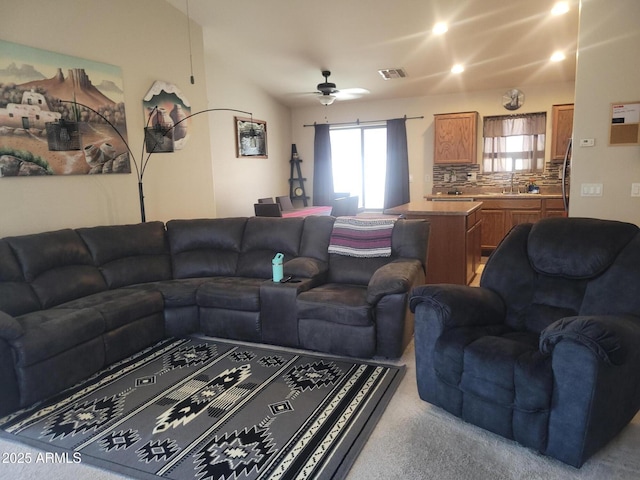 1769 E Jacob St, San Tan Valley, AZ 85140 - living room with a ceiling fan, carpet floors, and recessed lighting