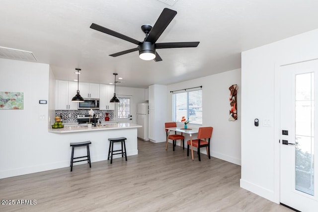 kitchen featuring backsplash, white cabinets, a kitchen bar, kitchen peninsula, and stainless steel appliances