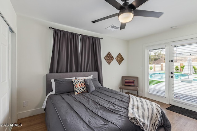 2033 E Janice Way, Phoenix, AZ 85022 - bedroom with access to exterior, wood finished floors, baseboards, ceiling fan, and a closet