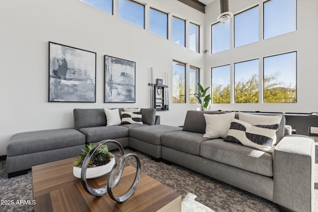 living area featuring a towering ceiling