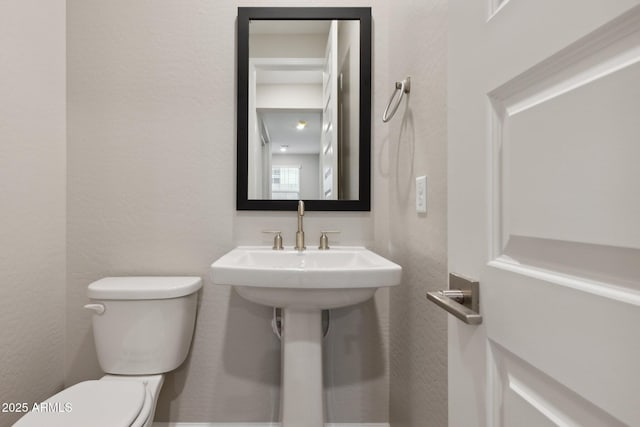 half bathroom featuring toilet and a textured wall