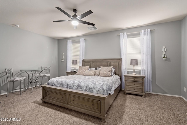 bedroom with light colored carpet and ceiling fan