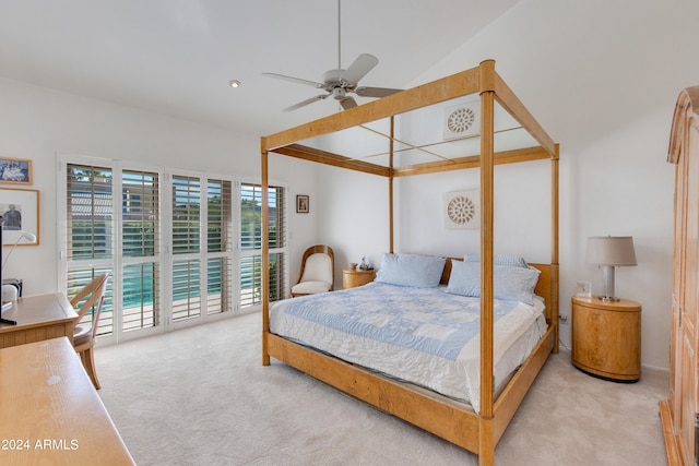 bedroom with ceiling fan, high vaulted ceiling, light colored carpet, and access to exterior