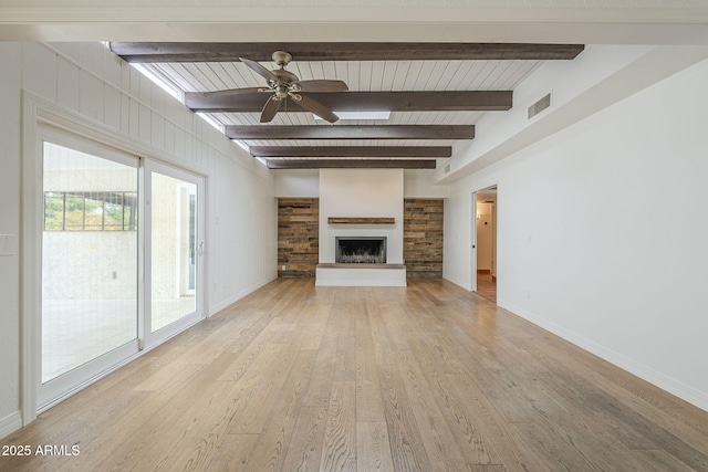 unfurnished living room featuring light wood-type flooring, beamed ceiling, visible vents, a ceiling fan, and baseboards