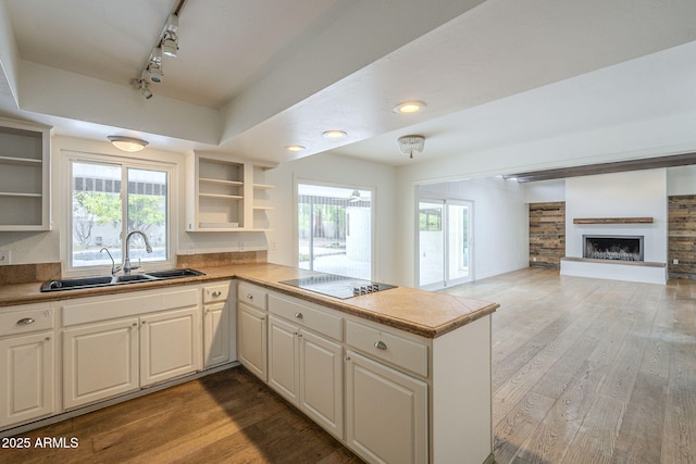 kitchen featuring wood finished floors, open shelves, a peninsula, a sink, and electric cooktop