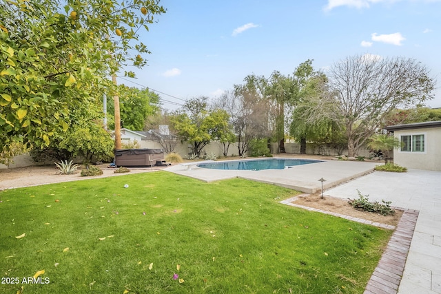 view of swimming pool with a hot tub, a fenced backyard, a yard, a fenced in pool, and a patio area