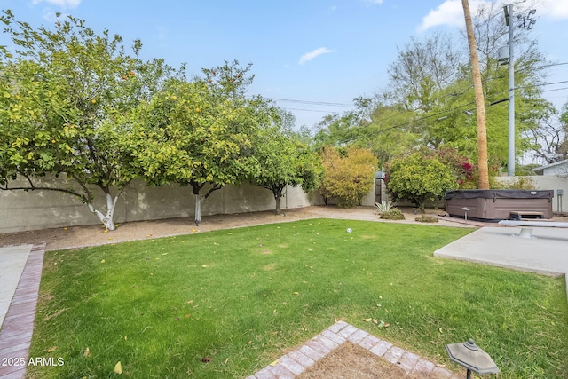 view of yard featuring a fenced backyard and a hot tub