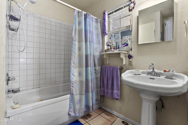 bathroom with tile patterned flooring and shower / bathtub combination with curtain