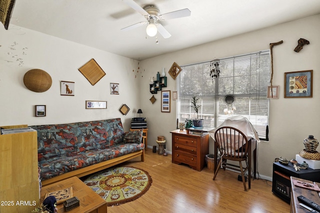 office space with light hardwood / wood-style floors and ceiling fan