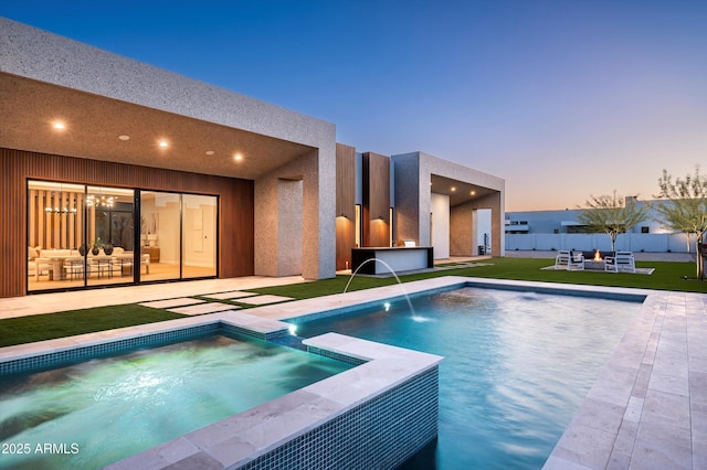 6584 E Gold Dust Ave, Paradise Valley, AZ 85253 - view of swimming pool featuring fence, a patio area, an outdoor living space, a lawn, and a pool with connected hot tub
