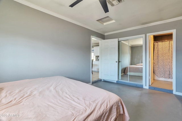 2823 W Banff Ln, Phoenix, AZ 85053 - bedroom with finished concrete flooring, crown molding, a closet, and a ceiling fan