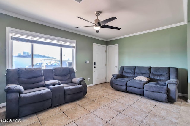 2823 W Banff Ln, Phoenix, AZ 85053 - living room featuring a ceiling fan, crown molding, and light tile patterned flooring