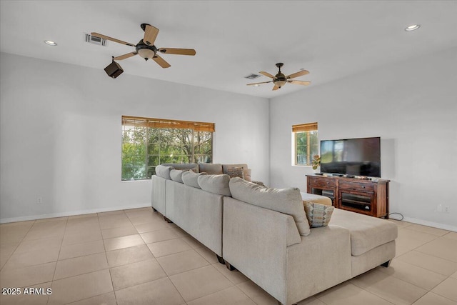 9183 W Shamel Ash Rd, Peoria, AZ 85383 - living room with a ceiling fan, recessed lighting, and light tile patterned floors