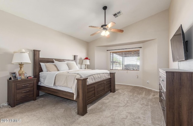 bedroom with light carpet, baseboards, visible vents, a ceiling fan, and vaulted ceiling