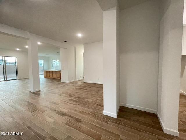 interior space featuring wood-type flooring and sink